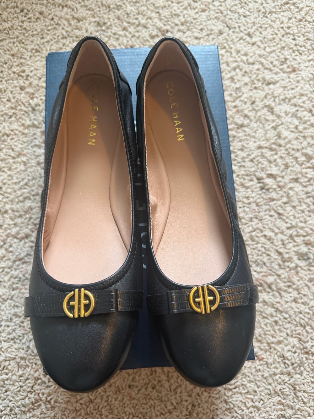 Cole Haan Tova Bow Black Leather Ballet Flats with Gold Logo Accent
